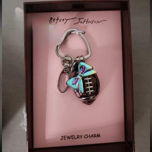 BETSEY JOHNSON Shiny Metallic Football with Pink Bow Bag Charm Keychain NEW NWT - Picture 1 of 11